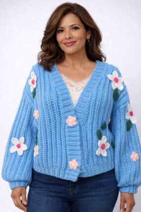 Chunky Knit Cotton Blend Floral Cardigan