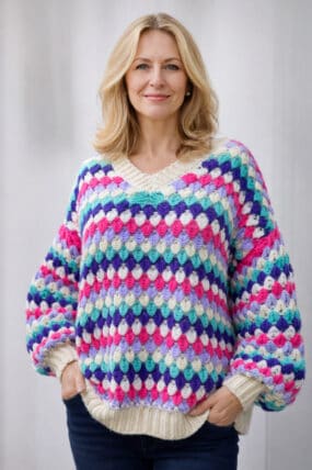 Multi-Colour Textured Cotton Blend V-Neck Knit Jumper