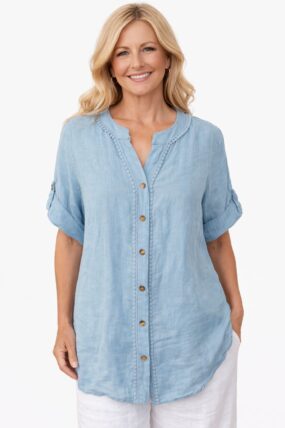 V-Neck Crochet Trim Linen Top