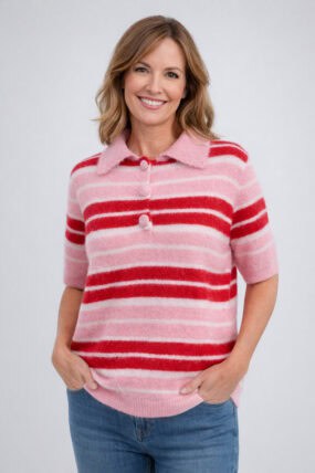 Striped Polo Neck Knitted Top