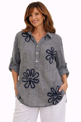 Floral Gingham Cotton Blend Top