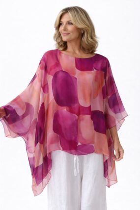 Silk Blend Batwing Sleeve Abstract Top