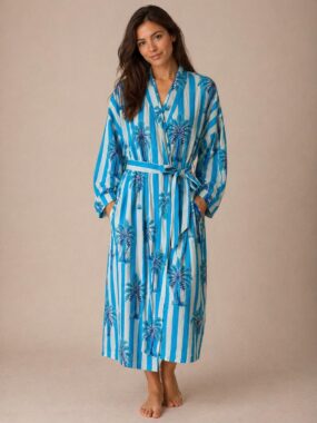 Cotton Tropical Palm Stripe Dressing Gown