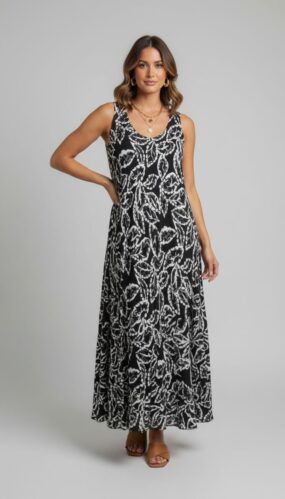 Maxi Sleeveless Abstract Gold Leaf Dress