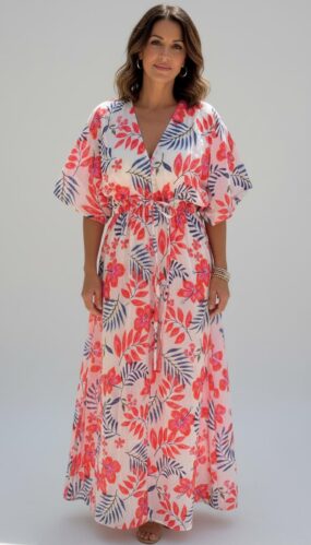 Cotton Tropical Floral Kaftan Maxi Dress