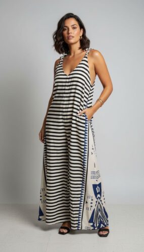 V-Neck Sleeveless Wide Leg Aztec Stipe Jumpsuit