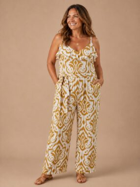 V-Neck Sleeveless Geometric Motif Printed Jumpsuit