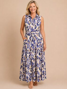 Animal Print Button Through Sleeveless Maxi Shirt Dress