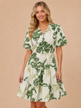 Short Puff Sleeve Botanical Tiered Dress