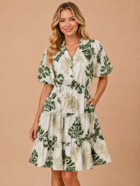 Short Puff Sleeve Botanical Tiered Dress